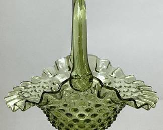 1963 FENTON COLONIAL GREEN HOBNAIL GLASS BASKET