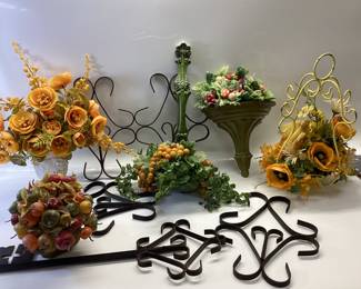 MCM CAST IRON WALL DECOR AND FAUX PLANTS 11 PIECES TOTAL