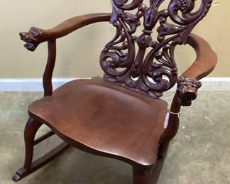  ANTIQUE STICKLEY & BRANDT CHAIR COMPANY (1891-1919) MAHOGANY HAND CARVED ROCKER, LION HEAD CARVED ARM REST, HEAVILY CARVED DECOR, VGC NO SHIPPING PICKUP ONLY