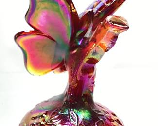 FENTON RUBY IRIDESCENT CARNIVAL BUTTERFLY RING HOLD GLASS FIGURINE