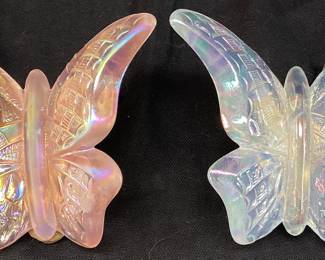  (2) FENTON PINK & CLEAR IRIDESCENT GLASS BUTTERFLIES ON FENTON BRASS STANDS