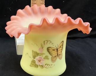 1982 (FAGCA) FENTON BURMESE SATIN URANIUM GLASS VASE w w RUFFLED EDGE AND HAND PAINTED BUTTERFLY & FLORAL DESIGN by SUE JACKSON