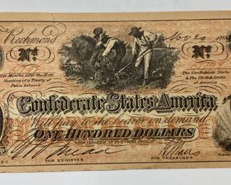 CONFEDERATE STATES OF AMERICA $100 DOLLARS BANK NOTE ISSUED DURING THE CIVIL WAR DATED NOVEMBER 20TH 1862 ISSUED FROM RICHMOND
