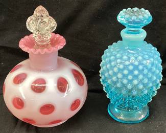 (2) VTG. FENTON PERFUME BOTTLES, CRANBERRY OPALESCENT COIN DOT & BLUE OPALESCENT HOBNAIL