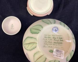 95th ANNIVERSARY 8in FENTON BURMESE SATIN GLASS GINGER JAR WITH BASE AND LID, YEAR 2000, SIGNED BY 12 MEMBERS OF THE FENTON FAMILY #508, HAND PAINTED BUTTERFLY SCENE