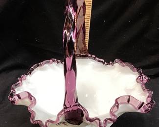  LTD. FENTON PLUM CREST HAND PAINTED GLASS BASKET, SIGNED BY BILL FENTON, FAMILY SIGNATURE SERIES