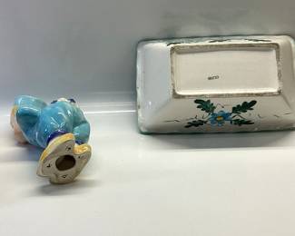 KISSING DUTCH BOY AND GIRL, VINTAGE FLORAL FLOWER POT , SMALL ROUND BOTTOM POTTERY JAR, AND FLORAL CANDLE HOLDER