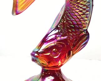 1970s FENTON AMETHYST IRIDESCENT CARNIVAL GLASS JUMPING TROUT GLASS FIGURINE, 5in