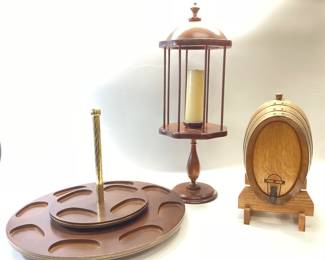  COLLECTORS SOCIETY WOODEN ROTATING CAROUSEL STAND, VINTAGE WOODEN YARN CANDLE STICK STAND AND A SMALL WOODEN WHISKEY BARREL