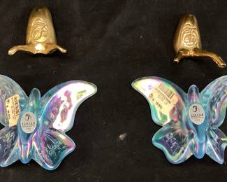 (2) FENTON IRIDESCENT CARNIVAL GLASS BUTTERFLY FIGURINES WITH FENTON BRASS STANDS