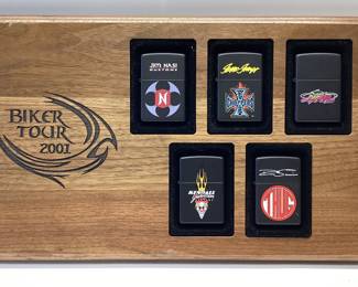  ZIPPO BIKER TOUR 2001 LIGHTER SET FEATURING KENDALL JOHNSON, JESSE JAMES, JIM NASI, DAVE SIMMONS, EDDIE TROTTA. BEST ZIPPO COLLECTION ON TWO WHEELS. NEW OLD STOCK