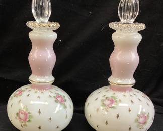  VTG. PAIR OF FENTON CHARLETON MILK GLASS PERFUME BOTTLES w ROSE X PATTERN HAND PAINTED,BOTH WITH STOPPERS