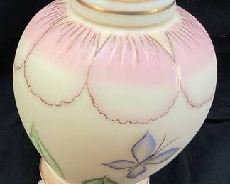 95th ANNIVERSARY 8in FENTON BURMESE SATIN GLASS GINGER JAR WITH BASE AND LID, YEAR 2000, SIGNED BY 12 MEMBERS OF THE FENTON FAMILY #508, HAND PAINTED BUTTERFLY SCENE