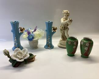 WHITE ROSE BY ANDREA, LENOX VASE, VINTAGE P PIONEER USA POTTERY #80 BUD VASES, CHERUB, TWO HAND PAINTED MADE IN JAPAN VASES