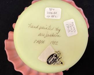 1982 (FAGCA) FENTON BURMESE SATIN URANIUM GLASS VASE w w RUFFLED EDGE AND HAND PAINTED BUTTERFLY & FLORAL DESIGN by SUE JACKSON