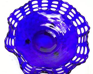 RARE 1930s 3 ROW FENTON COBALT BLUE BASKETWEAVE GLASS DISH