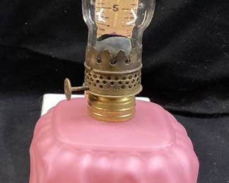 EARLY 1900s PITTSBURGH LAMP BRASS & GLASS COMPANY, ROSE SATIN MINIATURE OIL LAMP
