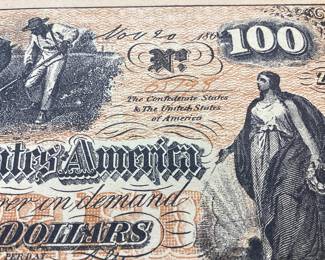 CONFEDERATE STATES OF AMERICA $100 DOLLARS BANK NOTE ISSUED DURING THE CIVIL WAR DATED NOVEMBER 20TH 1862 ISSUED FROM RICHMOND