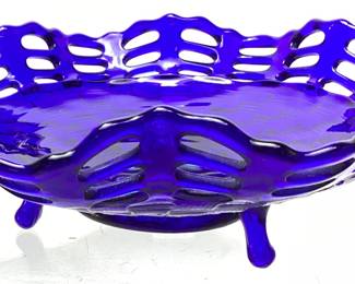 RARE 1930s 3 ROW FENTON COBALT BLUE BASKETWEAVE GLASS DISH