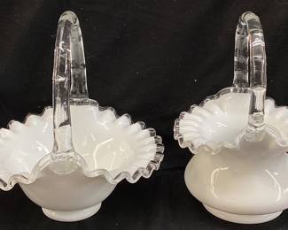 (2) 1960s FENTON MILK GLASS SILVER CREST BASKETS 7.25 & 7.5in H