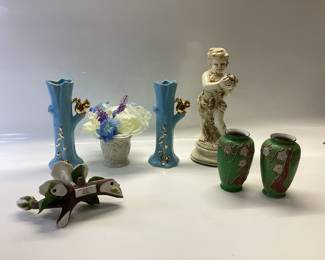 WHITE ROSE BY ANDREA, LENOX VASE, VINTAGE P PIONEER USA POTTERY #80 BUD VASES, CHERUB, TWO HAND PAINTED MADE IN JAPAN VASES