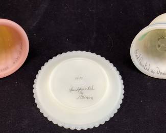 (3) VTG. FENTON ARTIST SERIES BURMESE URANIUM HAND PAINTED BELL & DISH SIGNED BY ARTIST, 1985 FENTON BURMESE BELL