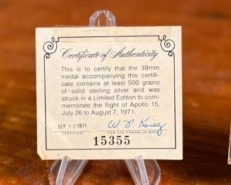 This lot features a limited edition solid sterling silver round by The Franklin Mint, celebrating Apollo 15. Comes with a certificate of authenticity.

