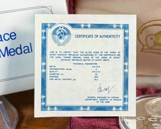 The medal on the left depicting Yuri Gagarin was minted from the metal of a space craft actually flown into space. The Proof 3 Rouble coin on the right is minted in .900 fine silver (current melt: $18.68, Book $45) and pays tribute to the Yuri Gagarin monument. Accompanied with a certificate of authenticity and comes in the original presentation case.

