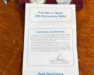 The medal on the left depicting Yuri Gagarin was minted from the metal of a space craft actually flown into space. The Proof 3 Rouble coin on the right is minted in .900 fine silver (current melt: $18.68, Book $45) and pays tribute to the Yuri Gagarin monument. Accompanied with a certificate of authenticity and comes in the original presentation case.

