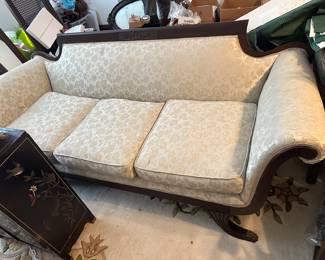 Vintage wood frame sofa with a pale ivory upholstery in BEAUTIFUL condition!!