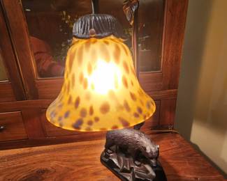 Lamp with tortoise shade and bear base