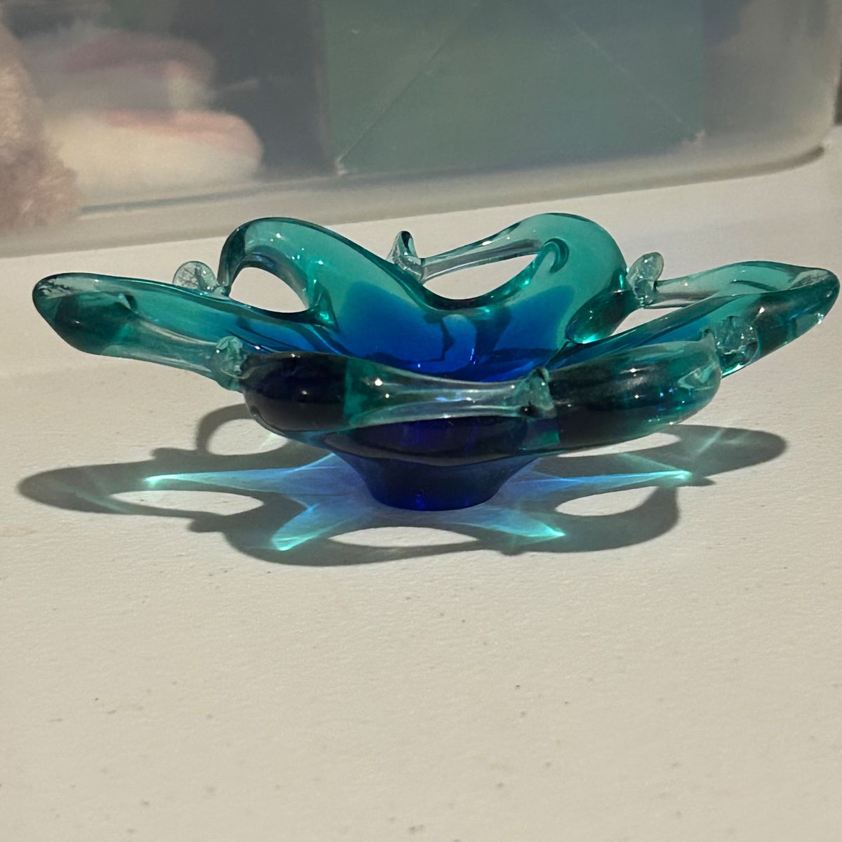 Vtg Blue Green art glass dish, 6" x 4.5",  $24
