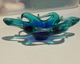 Vtg Blue Green art glass dish, 6" x 4.5",  $24