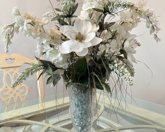 White floral arrangement in vintage crystal vase, 22"H, $48