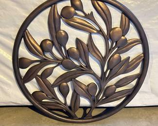 Round bronze-tone metal olive branch wall art, 3 available, approx 19"D,  $20 each