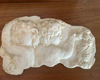 Vtg Twin Angel Cherub Wall Plaque, bonded marble, 9.5" x 6.5",  $18