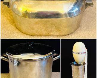 A vintage Wagner Ware Magnalite 4267 13-quart oval roaster with a self-basting lid, Revere Ware 10 qt stainless steel stock pot with a copper bottom and a vintage Hamilton Beach DrinkMaster milkshake mixer