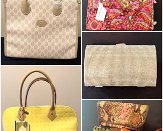 A Gucci GG Supreme Monogram Textured Dollar Calfskin Small Retro Interlocking G Tote Bag, a vintage Arcadia patent leather satchel bag, Vera Bradley laptop case,  a rhinestone-encrusted evening box clutch purse, and a black pebble grain leather Dooney & Bourke pouchette