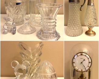 Vintage Waterford Marquis Lidded Crystal Candy Dish Biscuit Jar, bohemian crystal, Kern anniversary clock, and a set of vintage Italian silver-plated cut crystal claret wine pitchers.