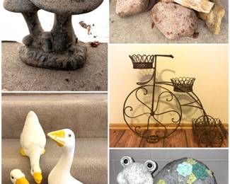 An early 20th-century English garden concrete mushroom sculpture. Gaggleville Porch Goose statues, Wonderstone, wrought iron, Parisian-style, three-tiered tricycle plant stand. and a solar-powered garden statue of a turtle. 