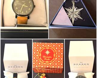 A Timex T2N677 Originals oversized watch with a black 42mm brass case, black dial, and a tan/brown leather strap, a a Skagen Gitte gold-tone watch with a black leather strap.
A Swarovski 2005 Annual Christmas Ornament. A Christopher Radko mouth-blown glass Christmas"POPCORN” ornament. And a Skagen Ancher SKW6051 watch.