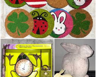Collection of holiday rugs, cement garden bunny figurines and a garden frog clock. 