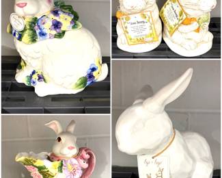 ceramic bunny rabbit figurines and teapots. 