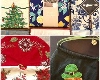 Brand new table cloths from brands like Spode and Waterford. Tahari mini Christmas tree skirts, and a black SAK bag with a St. Patrick's Day leprechaun crochet appliqué. 