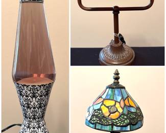 A 16" Motion & Glitter Lava Lamp with a white damask pattern base and cap.
A Tiffany-style banker's lamp with a stained glass shade. And a Tiffany-style cone table floral stained glass lamp. 