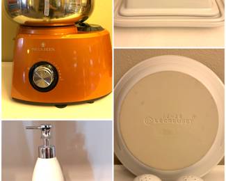 An Ankarsrum Assistent Original stand mixer, a Nora Fleming soap dispenser and Le Creuset baking and serving ware. 