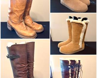 women's boots pair of vintage Frye Campus boots,  pair of Earth Origins Penelope tall leather boots. A pair of Universal Thread Daniah genuine suede faux fur winter boots. A pair of Universal Thread Daniela style and a pair of UGG Tularosa boots.  