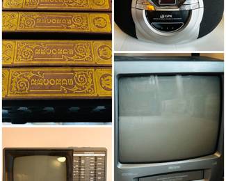 A Columbia Records album set of 78 rpm shellac records titled "Show Tunes of Jerome Kern". a 1985 Magnavox portable TV AM/FM radio, model BF3909BK01. C969. And a 
Memorex MVT2135B 13" CRT TV/VCR Combo. 