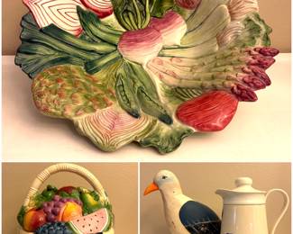 A Fitz & Floyd French Market salad bowl, a vintage Susan Winget ceramic fruit basket cookie jar, a vintage Phoenix brand insulated coffee carafe and a wooden seagull figurine.