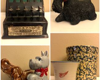 A vintage metal Uncle Sam's cash store register toy bank, two vintage ceramic planters, a black Scottish Terrier dog figurine and two pieces of vintage American stoneware pottery including a Red Wing Stoneware Co. piece and a Robinson Ransbottom Pottery (RRP Co.) piece, known for its blue spongeware pattern. 